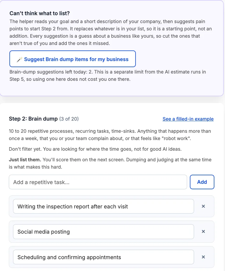 Step 2 screen: brain dump list with the AI suggestion button